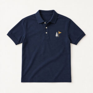 Pine and Flag Polo with small left-chest crest of a pine tree and a pennant flag in white and gold