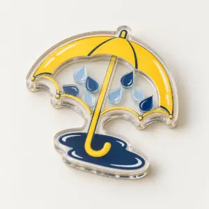 Rainy Day Shaker Magnet with umbrella with a window of tiny raindrops and a puddle in yellow, navy and cream