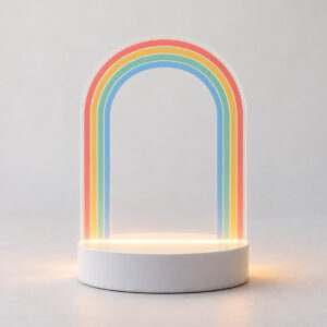Rainbow Arch Photo Night Light with a rainbow arch border in coral, gold, mint and blue around an empty photo area on clear acrylic