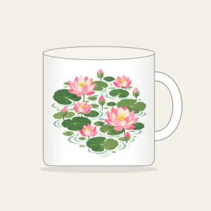 Lotus Blooms over Pond Ripples Mug in white: Lotus blooms float above pond ripples in pink, green and cream.