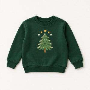Starry Pine Youth Sweatshirt with chest print of a friendly stylised pine tree with five small stars above it in cream and gold