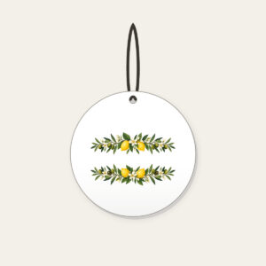 Olive and Lemon Branch Border Ceramic Ornament in white: Olive and lemon branches run along both long edges in green, gold and cream.