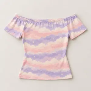 Cloud Stripe Women's Off-the-Shoulder Tee with all-over cloud stripes in lilac, blush and cream with a few tiny stars