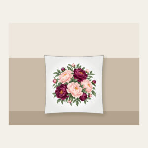 Blush and Plum Peony Garden Pillow in white: Peonies and leaves in blush, plum and sage fill the artwork edge to edge.