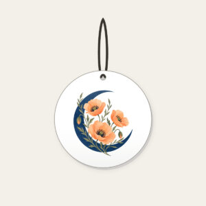 Crescent Moon and Apricot Poppies Ceramic Ornament in white: A deep blue crescent moon cradles three delicate apricot poppies on fine olive stems.