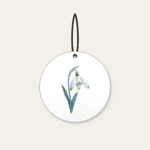 Frosted Snowdrop Blossom Ceramic Ornament in white: A snowdrop flower with white petals, green tips and a pale blue stem, drawn with a delicate frost texture.