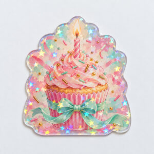 Cupcake Candle Hologram Card with a cupcake with a lit candle and scattered sprinkles in pink, mint and gold