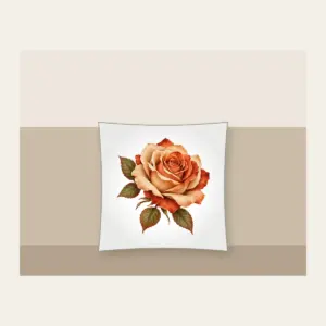 Single Desert Rose Pillow in white: One large rose in sand and rust tones with a few leaves.