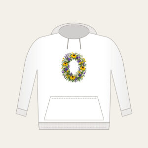 Oval Wildflower Wreath Hoodie in white: A bold oval wildflower wreath in yellow, purple and green sits at the centre.