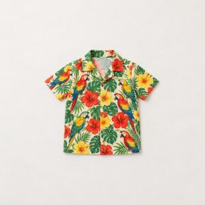 Little Parrot Kids Camp Shirt with all-over print of parrots perched among hibiscus flowers in red, green and yellow