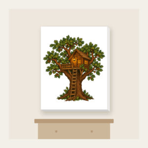 Oak Treehouse with Glowing Lantern Canvas Print in white: A treehouse in an oak tree with a glowing lantern in brown, green and amber.