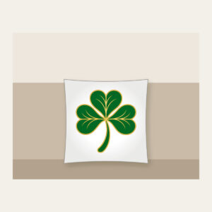 Gold-Edged Clover Leaf Pillow in white: A flat clover leaf in green and gold sits inside a thin border line.