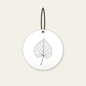 Single Leaf Study in Black Line Art Ceramic Ornament in white: A single leaf and stem in fine black line art, edged with a thin border.