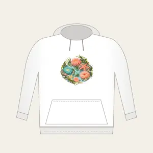 Coral Tidepool Anemones Hoodie in white: Anemones, starfish and sea grass gather in coral, teal and sand over a pale aqua ground.