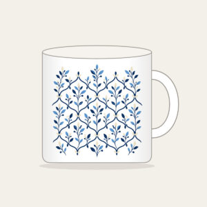 Navy Trellis and Leaf Pattern Mug in white: A repeating trellis of fine lines and small leaves in navy, sky blue and cream.