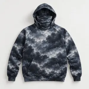 Storm Cloud Mask-Panel Hoodie with all-over layered storm clouds in charcoal and slate with a thin silver lining
