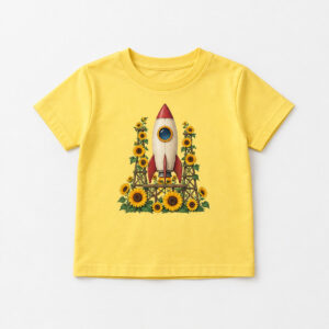 Sunflower Launch Pad Youth Tee with chest print of a toy rocket on a launch pad made of sunflowers