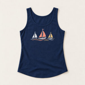 Navy Sailboat Regatta Ladies' Tank with compact front chest panel print of three sailboats with triangle sails on a wave line in white, coral and gold