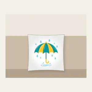 Teal Umbrella and Raindrop Ripple Pillow in white: An open teal and yellow umbrella with small raindrops and a tiny puddle ripple.