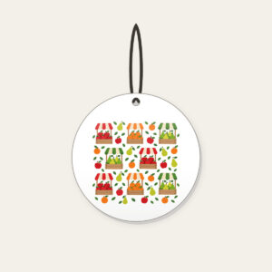 Fruit Crates and Striped Awnings Ceramic Ornament in white: Crates of apples, oranges and pears under striped awnings in red, orange and green on cream, balanced for little ones.