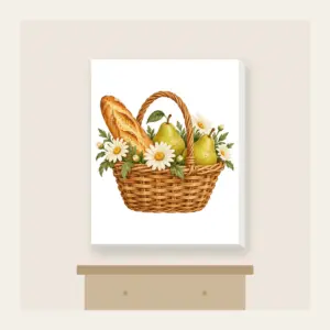Baguette and Pear Basket Canvas Print in white: A woven basket holds a baguette, two pears and white daisies in warm tan, green and cream.