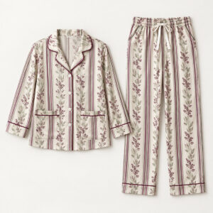 Plum Piping Satin Pajama Set with a pattern of tiny botanical stripes in plum, cream and sage with plum piping
