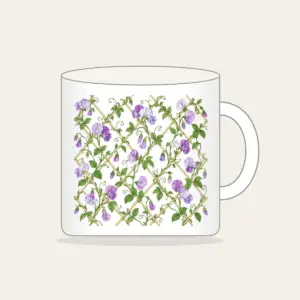 Sweet Peas Climbing a Lattice Mug in white: Sweet peas climb an all-over lattice in lilac and green on cream.