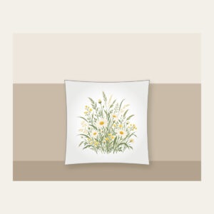 Meadow Grass and Daisy Field Pillow in white: A flat meadow of swaying grasses and small daisies in sage, cream and butter yellow.