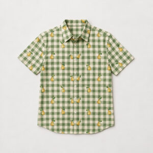 Orchard Gingham Button-Down Shirt with all-over gingham checks in green and cream with small pears scattered between them