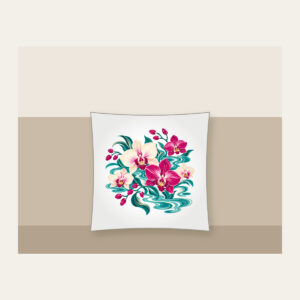 Orchids and Lagoon Ripples Pillow in white: Orchids and gentle lagoon ripples mix in teal, magenta and cream.