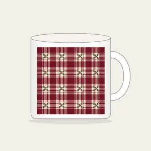 Burgundy Tartan with Leaf Sprigs Mug in white: Burgundy and cream tartan with small leaf sprigs at the intersections.