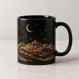Night Atlas Ceramic Mug with flat golden-ochre ink print of a fine mountain ridgeline beneath a crescent moon and sparse star constellations