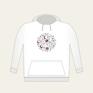 Crescent Moons and Wildflowers in Plum Hoodie in white: Crescent moons, wildflowers and tiny stars repeat in plum, mint and cream.