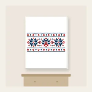 Fair Isle Snowflake Band Canvas Print in white: A Fair Isle-style band of snowflakes and small diamonds in navy, cream and red.