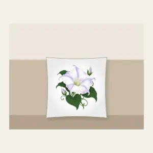 Moonflower on Deep Green Pillow in white: One large moonflower in white and lavender glows against a deep green ground.