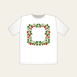 Strawberry and Blossom Border T-Shirt in white: A border of strawberries and blossoms in red, cream and green surrounds a plain center.