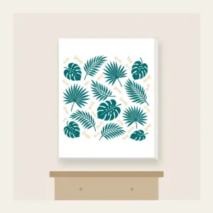 Palm Leaves and Little Bones Canvas Print in white: Palm leaves and small bones in teal and cream, scattered all over.