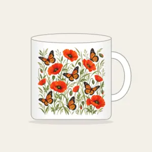 Butterflies Among Poppies Mug in white: Orange-and-black butterflies drift between poppies and tall grasses on a cream ground.