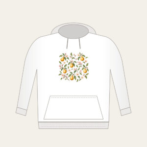 Golden Pears and Blush Blossoms Hoodie in white: Small golden pears, blush blossoms and sage leaves scatter across an airy white ground.