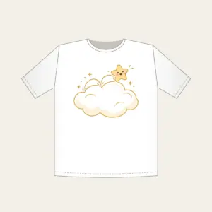 Little Star Hopping on a Cloud T-Shirt in white: A little star hops across a cloud in white, cream and gold.