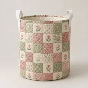 Patchwork Blossom Laundry Basket with printed front panel of patchwork squares in dusty rose, sage and cream, each with a tiny flower
