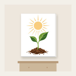 Seedling Reaching for Sunbeams Canvas Print in white: A young seedling stretches toward warm sunbeams in cream, green and brown.