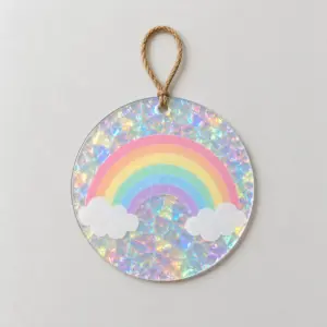 Wavy Rainbow Hologram Suncatcher Ornament with wavy-edge disc with a rainbow arc and tiny clouds in pastel colours, Broken Glass Hologram colourway