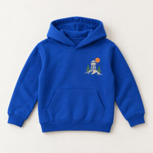 Royal Mountain Lookout Youth Hoodie with compact front chest panel print of a wooden lookout tower on a ridge with two pine trees and a sun, in cream, orange and green