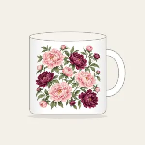 Peony Lace Garden Mug in white: Peony blooms and leaves in blush, plum and sage on cream with a lace-look border.