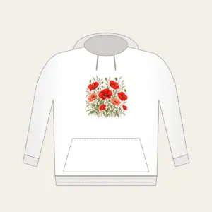 Poppies and Tall Grasses on Cream Hoodie in white: Red and coral poppies stand among tall olive grasses on a cream ground.