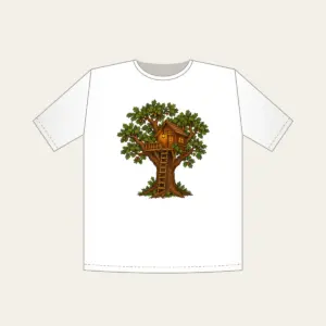 Oak Treehouse with Glowing Lantern T-Shirt in white: A treehouse in an oak tree with a glowing lantern in brown, green and amber.