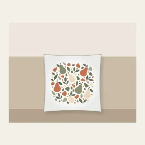 Pear and Pebble Terrazzo Garden Pillow in white: All-over terrazzo of pears, leaves and pebbles in sage, terracotta and cream.