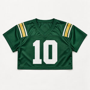 V-neck crop football jersey printed with green and gold shoulder stripes and number 10