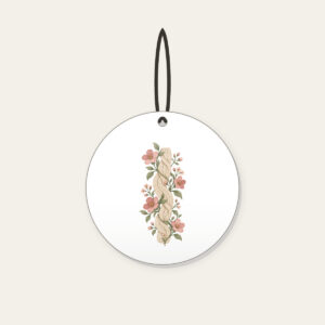 Cable Pattern Twined with Little Flowers Ceramic Ornament in white: A flat cable pattern entwined with small flowers in oatmeal, sage and rose.